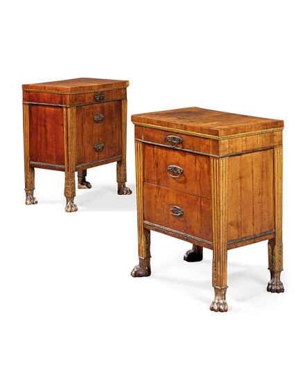 A PAIR OF NORTH ITALIAN WALNUT AND PARCEL-GILT COMODINI, LATE 18TH/EARLY 19TH CENTURY