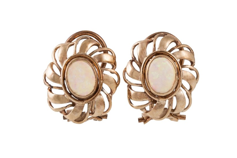 A PAIR OF OPAL EARRINGS, mounted in gold, clip on fittings
