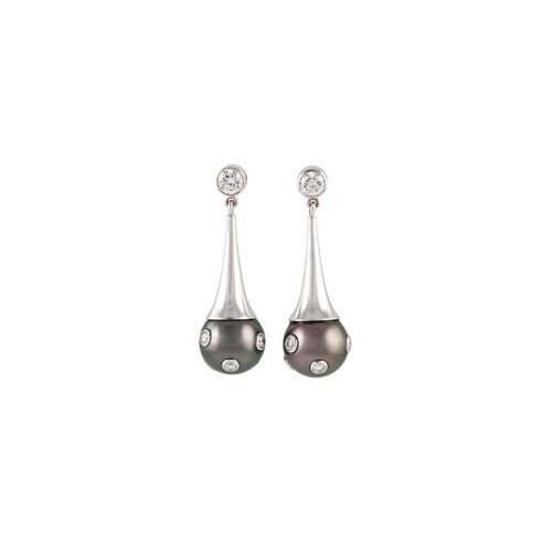 A PAIR OF PEARL AND DIAMOND DROP EARRINGS, comprising diamon...