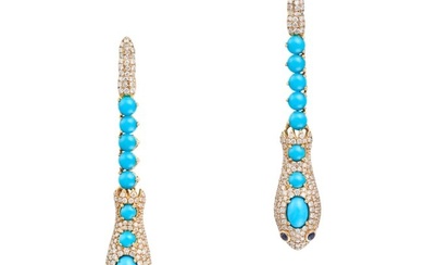 A PAIR OF TURQUOISE, DIAMOND AND SAPPHIRE SNAKE EARRINGS the tail pave set with round cut diamonds