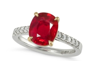 A PIGEON'S BLOOD BURMESE RUBY AND DIAMOND RING in platinum and 18ct yellow gold, set with a cushi...