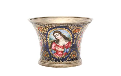 A POLYCHROME-PAINTED ENAMELLED SILVER AND COPPER QALYAN CUP WITH QAJAR COUPLE Iran, 19th century