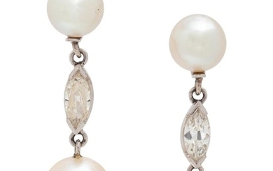 A Pair of 14 Karat White Gold, Diamond and Cultured Pearl Earrings