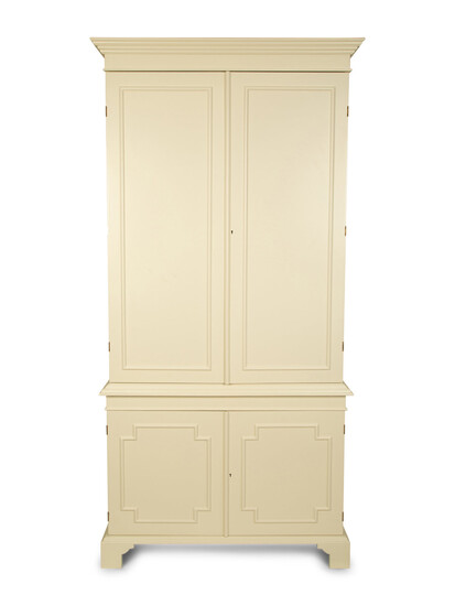 A Pair of Custom Made White Lacquer Four Door Cabinets