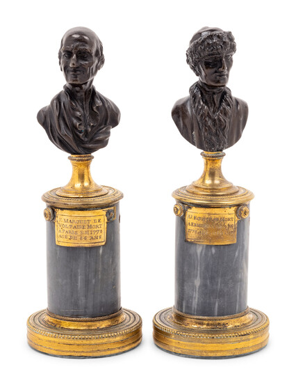 A Pair of French Bronze and Marble Small Busts of Voltaire and Rousseau