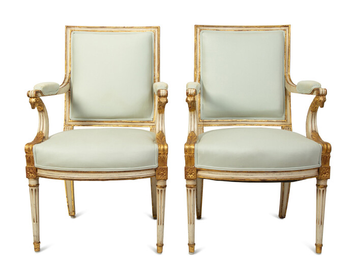 A Pair of Swedish Neoclassical Style Painted and Parcel-Gilt Armchairs