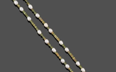 A Peridot, Opal and Cultured Pearl Necklace, faceted opal and...