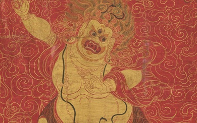 A RED-GROUND THANGKA DEPICTING VAJRAPANI, CENTRAL TIBET, 18TH CENTURY
