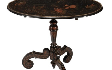 A Regency black lacquer and Chinoiserie decorated oval tripod table