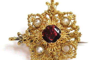 A Regency garnet and split pearl cannetille brooch