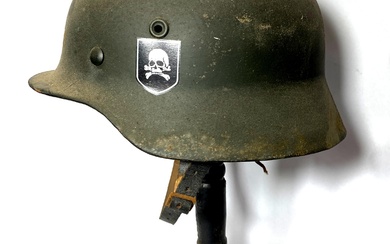 A Replica WWII German Black Helmet with Leather Strap