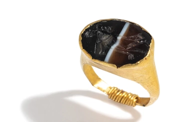 A Roman Gold and Banded Agate Finger Ring with the Goddess Diana
