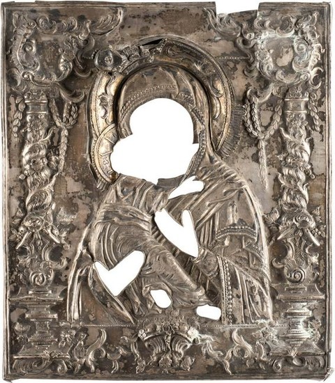 A SILVER OKLAD FROM AN ICON SHOWING THE VLADIMIRSKAYA