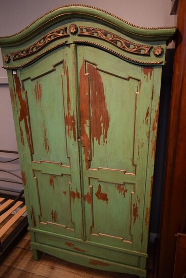 A TWO DOOR DUTCH/INDONESIAN SOLID WOOD GREEN PAINTED RUSTIC ARMOIRE (199H X 110W X 55D CM) (PLEASE NOTE THIS ITEM MUST BE REMOVED BY...