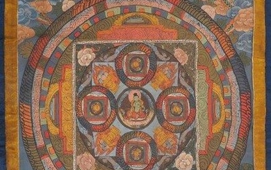 A Tibetan painted tson-tang thangka, 20th century, centered with an incarnation of Tara, surrounded by dragons and other deities such as Shakyamuni Buddha and Mahakala, 56 x 43.5cm