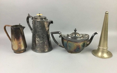A VICTORIAN SILVER PLATED HOT WATER POT AND OTHER SILVER PLATED ITEMS