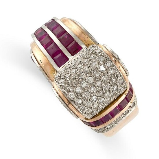 A VINTAGE RUBY AND DIAMOND COCKTAIL RING in yellow