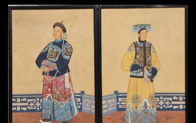 A Very Fine Pair Of Ancestral Chinese Watercolors 19th Century