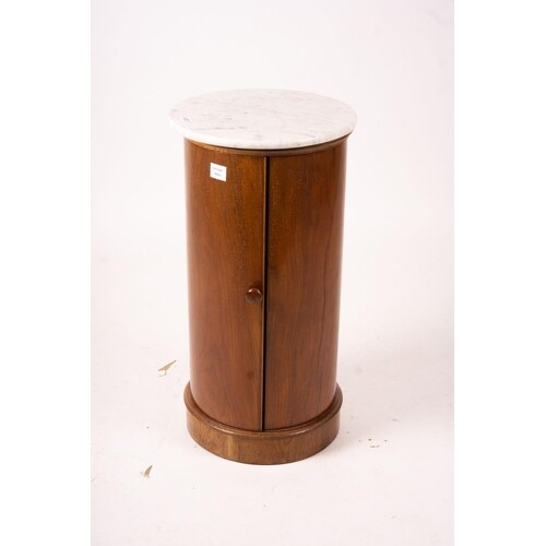 A Victorian marble top mahogany cylindrical pot cupboard, di...