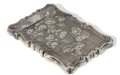 A Victorian silver card case by Nathaniel Mills, Birmingham, 1853, designed with engine-turned and foliate chased body and shaped scroll sides, 7 x 10cm long, approx. weight 2.3oz