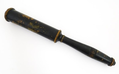 A Victorian turned wooden police truncheon with polychrome decoration depicting the VR cypher.