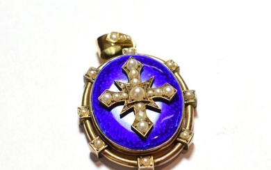 A blue enamel and split pearl locket, a cross motif...