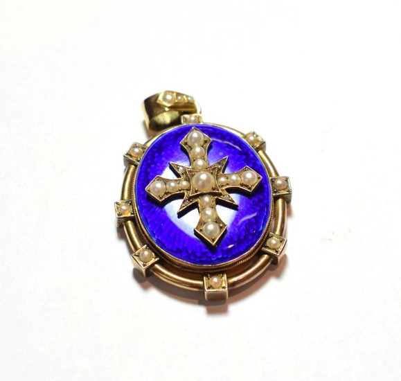 A blue enamel and split pearl locket, a cross motif...
