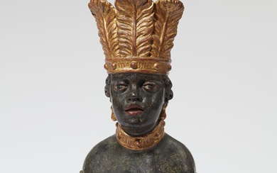 A carved softwood bust with a feather headdress