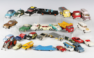 A collection of playworn diecast vehicles, including Dinky Toys Volkswagen Beetle, Corgi Toys No. 26