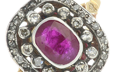A cushion-shape ruby and single-cut diamond dress ring.