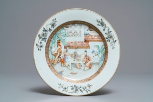 A fine Chinese famille rose plate with ladies in a…