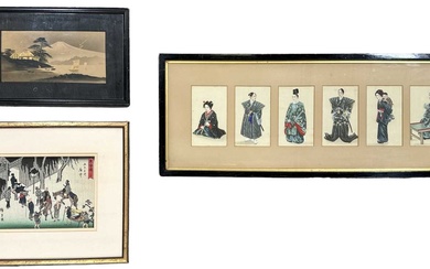 A framed group of six Japanese hand coloured woodblock prints...
