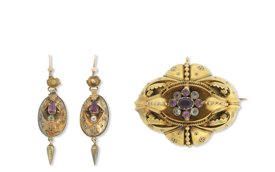 A gem-set brooch and a pair of gem-set pendent earrings,...