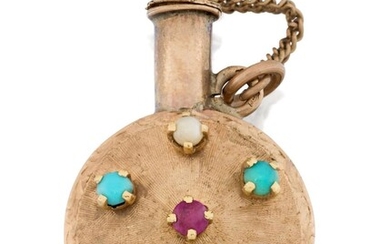 A gem-set miniature scent bottle pendant, claw-set with turquoise, ruby and cultured pearl accents, the reverse with Hebrew inscription, stamped 14k, approx. length 3.5cm