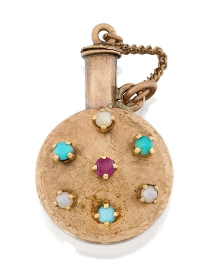 A gem-set miniature scent bottle pendant, claw-set with turquoise, ruby and cultured pearl accents, the reverse with Hebrew inscription, stamped 14k, approx. length 3.5cm