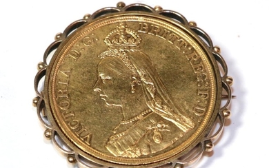 A gold five pound coin mounted as a brooch, diameter...