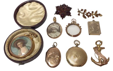 A group of antique lockets and brooches to include three 9ct gold framed double-side circular lockets, gold anchor brooch 'HMS Lawford', etc