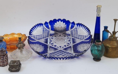 A group of glassware, comprising: a Bohemian cobalt cut glass dish, 29cm diameter; a small iridescent glass dish with scalloped edge; five scent bottles; an atomiser; a heart shaped marginal mirror, 61cm high; and a brass oval table mirror with...