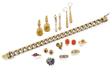 A group of jewellery, including: a large silver-gilt curb-link bracelet, 92.5g; a garnet and synthetic ruby cluster ring; a 9ct gold gypsy ring, 1.3g; a synthetic sapphire band ring; a bi-colour enamel cocktail ring; a pair of yellow paste drop...