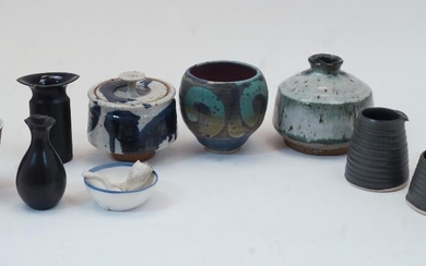 A group of studio pottery and ceramics, 20th century, to include a stoneware milk jug and sugar bowl by David Worsley for Dove Street Pottery, a Kirsty Adams Ceramics salt bowl and spoon, 8cm diameter, a porcelain beaker with sgraffito exterior by...