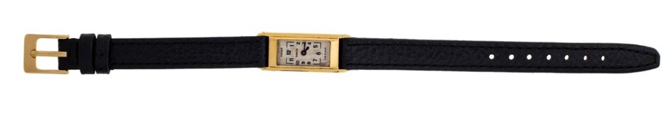 A lady's early 20th century gold 'Duo Plan' wristwatch, by Jaeger-lecoultre, the rectangular dial with Roman black numerals and blued steel hands, signed Jaeger Duo Plan, Cal. 7BF backwind jewelled lever movement, stepped bezel, the case numbered...