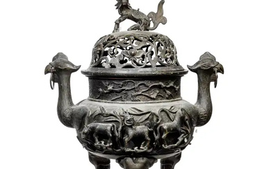 A large Chinese bronze tripod incense burner Qing dynasty, 18th/19th century Unusually...