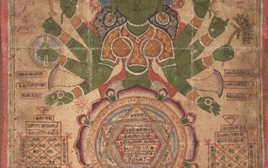 A large Jain tantric painting, late 19th-early 20th century, opaque pigment and lacquer on cloth, depicting a green eight-armed goddess holding lotus flowers, possibly an interpretation of Tara, inscriptions either side, glazed and framed, 65 x 44cm.