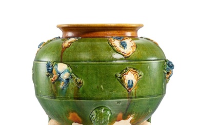 A large blue and sancai appliqué-decorated tripod incense burner, Tang dynasty 唐 三彩加藍貼花獅弦紋三足爐