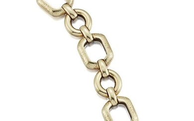 A large cable link bracelet, composed of four textured rectangular links with oval link connections