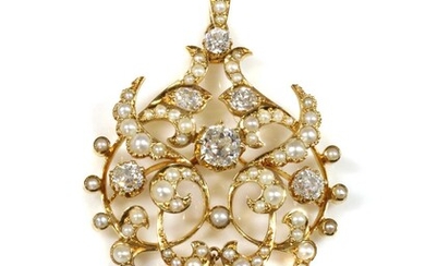 A late Victorian diamond and split pearl cartouche-shaped brooch/pendant, c.1890