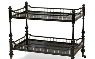 A late Victorian ebonized wood and turned bone two-tier