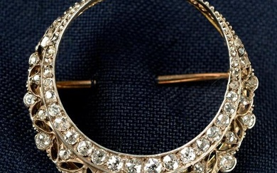 A late Victorian silver and gold rose and old-cut diamond openwork crescent moon brooch.Estimated
