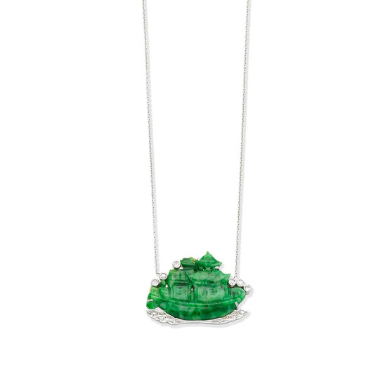 A mid-20th century jade and diamond pendant necklace