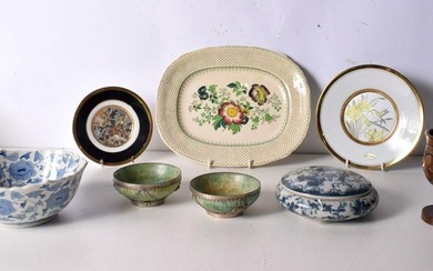 A miscellaneous collection of Chinese and Japanese ceramics, including two silver mounted Jadeite bo